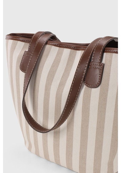 Housebags Krem Çizgili Deri Askılı Plaj Çantası Krem Çizgili