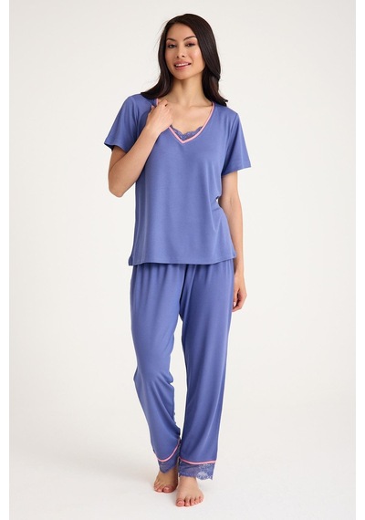 Amarelle Dream Gri Mavi Viskon V Yaka Dantel Detaylı Pijama Takımı Mavi