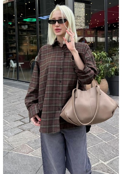 Madmext Kahverengi Oversize Ekose Desenli Kadın Gömlek Mg2589 Kahverengi