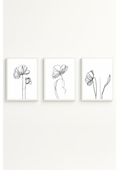 Beyaz Ahşap Çerçeveli Minimalist Line Art 3'lü Tablo Seti Huhu535