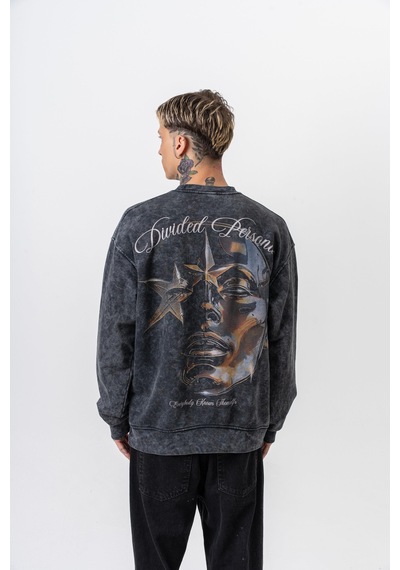Respire Erkek Divided Baskılı Yıkamalı Bisiklet Yaka Oversize Sweatshirt Siyah