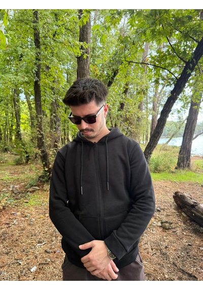 Erkek Oversize Kapüşonlu Tam Fermuarlı Kanguru Cepli Şardonlu Sweatshirt SIYAH