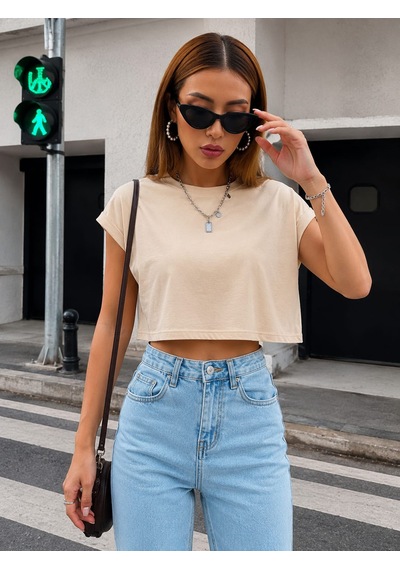 Bonnywıll Bonnywılll Bisiklet Yaka Düşük Kol Crop T-shırt Bej