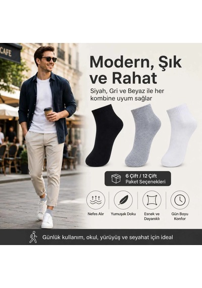 Genel Erkek Kısa Konç Çorap 6'lı %80 Pamuklu Dikişsiz Burun, Nefes Alan, Siyah Çok Renkli 6'lı / 36-40
