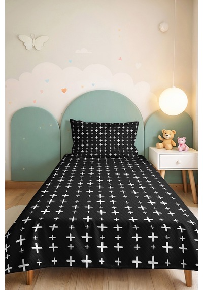 Siyah Geometrik Modern Genç Odası Tek Kişilik Pike Takımı - Minimal 160x220 Cm Kapitone Yatak Örtüsü Mistik Ot Dokusu