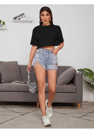 Flood Of Style Kadın Siyah Bisiklet Yaka Oversize Crop T-shirt