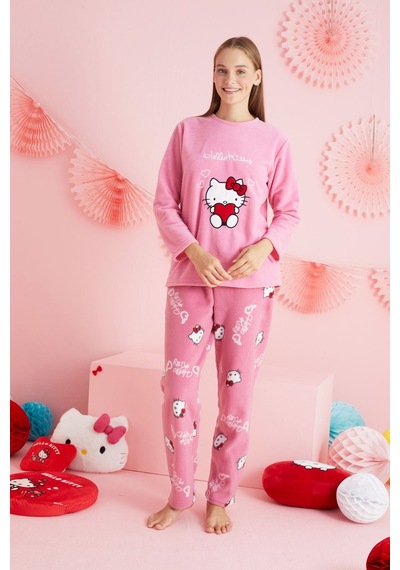 Siyah İnci Lisanslı Polar Çok Renkli Nakışlı Bisklet Yaka Pijama Takım Hk311 Pembe