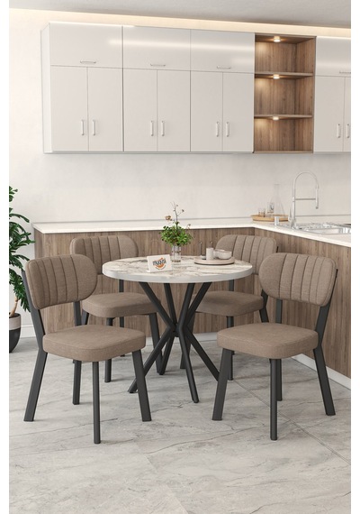Gnr 90cm Sabit Efes Mutfak Masası Takımı, Yemek Masası, 4 Modern Cappucino Sandalye Cappuccino