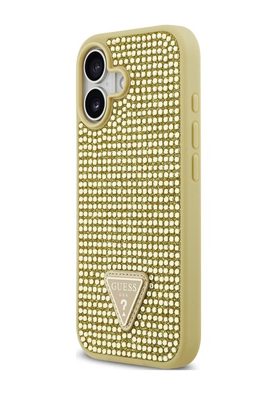 Apple Uyumlu iPhone 17 Kılıf Guess Lisanslı Taşlı Arka Yüzey Üçgen Logolu Kapak Gold
