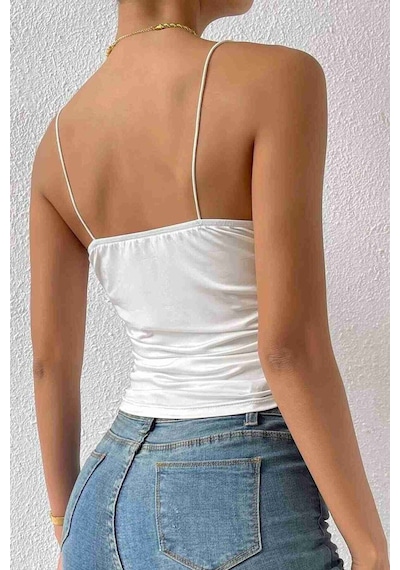 Merrry See Merry See Kadın Kolsuz Askılı Degaje Yaka Bluz Crop Beyaz 001