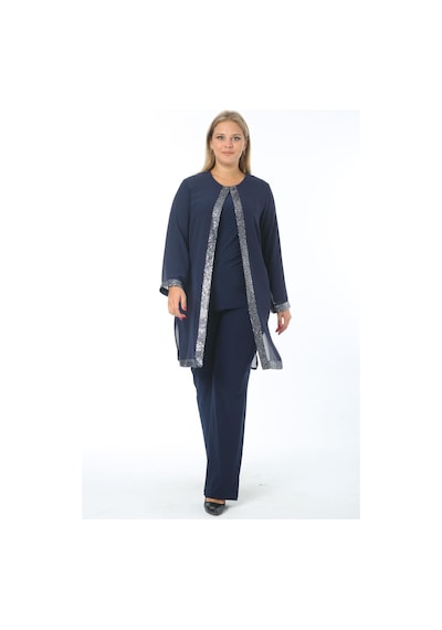 Ladies First Büyük Beden 3552 Lacivert Ceket+Bluz+Pantolon Üçlü Takım Gümüş - Lacivert