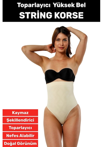 Özel Üretim İz İç Göstermez Kaymaz Sıkılaştırıcı Toparlayıcı Yüksek Bel String Korse Bej