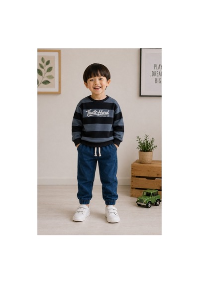 Minaminokids Erkek Çocuk Çizgili Sweatshirt Ve Kot Pantolon İkili Takım Siyah