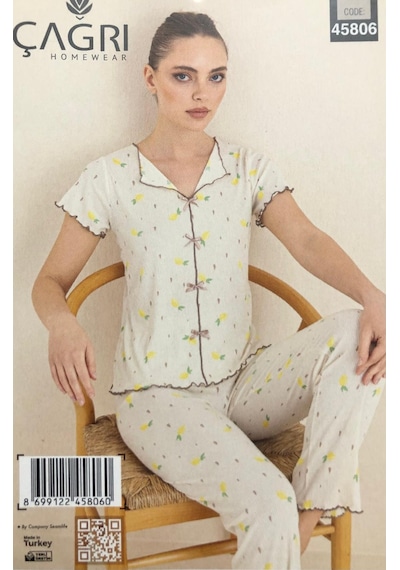 Çağrı Kadın %100 Pamuk Raporlu Fitilli Kısa Kollu Önü Düğmeli Pijama Takım Krem