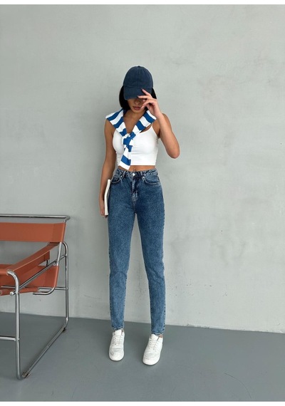 Zeo Basic Likralı Mom Jean Buz Mavi Koyu-mavi-kar