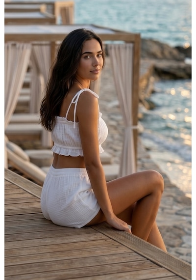 Combattente Exclusive Products Organik Pamuk Müslin Askılı Crop Şortlu Takım - Naturel Doğal-oeko Tex Sertifikalı Kumaş Beyaz