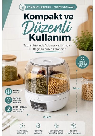 Çok Bölmeli Bakliyat Ve Kuru Gıda Saklama Kabı Döner Sistemli Ölçülü Dağıtıcılı Çok Renkli