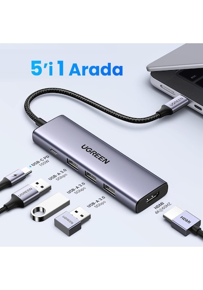Ugreen Type-c To 4k/60hz Hdmı 3 Usb 3.0 100w Pd Güç Girişi Çoklayıcı Hub Adaptör