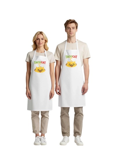 Kadın Unisex Mutfak Aşçı Önlüğü Taco Kedi Baskılı Komik Desenli R Beyaz