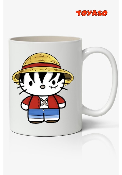 Hasır Şapkalı Luffy Hello Kitty One Piece Temalı Anime Beyaz Kupa Bardak Sevgiliye Arkadaşa Hediye Beyaz