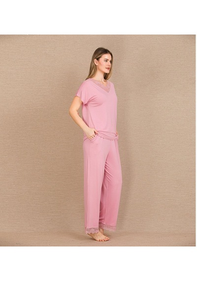 İkikareshop Viskon Şık Tasarım Dantel İşlemeli Pembe Kısa Kol Pijama Takımı Çok Renkli