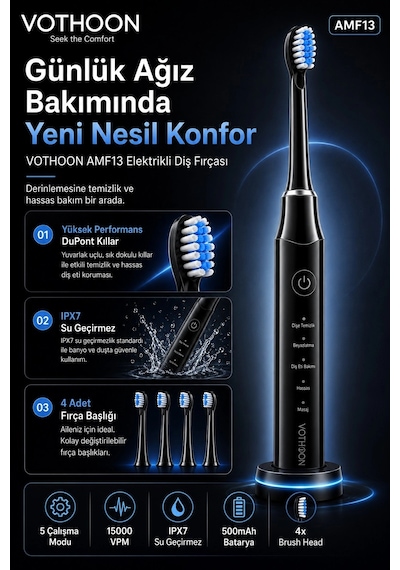 Şarjlı Diş Fırçası 15000 Vpm Titreşim Gücü, 500mah Batarya, 5 Temizlik Modu Siyah