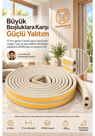 6m Beyaz 17mm Geniş Kapı Pencere Bandı Kendinden Yapışkanlı D Profil İzolasyon Süngeri Kauçuk Fitil Hava Kesici