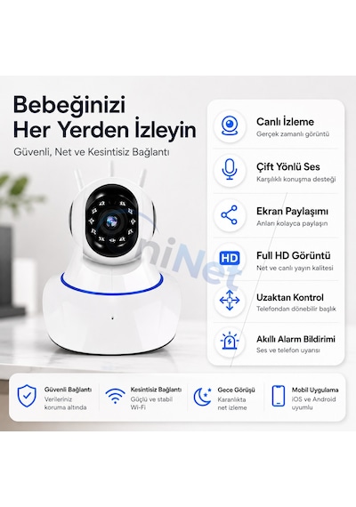 Uninet Wifi Akıllı Ev Kamerası Uzaktan Izleme, Gece Görüşü Ve Sesli Iletişim 355 Derece Döner Özellikli Ptz Kamera