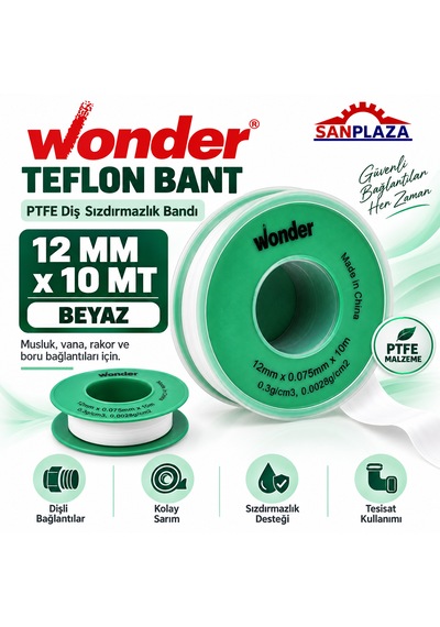 Sanplaza Wonder Teflon Bant 12 Mm X 10 Mt Ptfe Diş Sızdırmazlık Tesisat İzolasyon Bandı