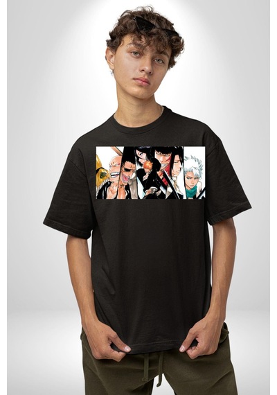 Bleach Anime Pamuklu Bisiklet Yaka Unisex Oversize Boyfriend Dijital Baskılı Siyah T-shirt Siyah