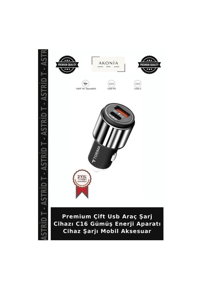 Premium Çift Usb Araç Şarj Cihazı C16 Gümüş Enerji Aparatı Cihaz Şarjı Mobil Aksesuar