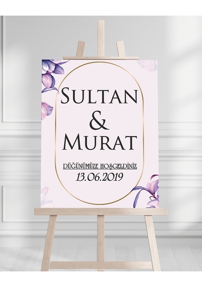 Söz Nişan Düğün İçin 50x70 Karşılama Panosu - Mor Çiçek Tasarımlı 003 Beyaz