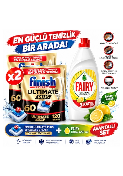 Finish Ultimate Plus 60x2 120 Adet Tablet + Fairy Limon 650 Ml Bulaşık Deterjanı Avantajlı Set