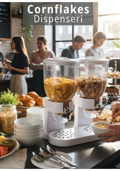 2 Li Cornflakes Dispenseri 7 L Çift Hazneli Müsli Granola Kuruyemiş Kahvaltı Tahılları Sunum Aparatı Beyaz