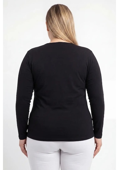 Hadpols Premium Düz Renk Tekstil Stil Kadın Büyük Beden Bisiklet Yaka Uzun Kollu Body siyah