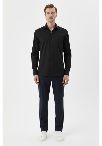 Sabri Özel Erkek Siyah Dar Kesim Slim Fit %100 Pamuk Dokuma Uzun Kollu Klasik Yaka Gömlek