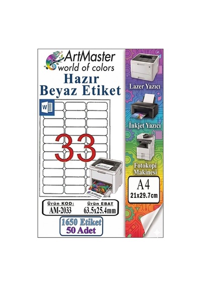 A4 Hazır Beyaz Etiket 63.5x25.4mm 50 Sayfa 1 Paket 33 Lü Kendinden Yapışkanlı Fotokopi Lazer İnkjet Kağıdı Yazıcılarla