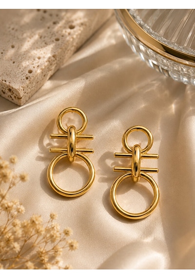 Geometrik Halka Detaylı Gold Renk Çelik Küpe Altın