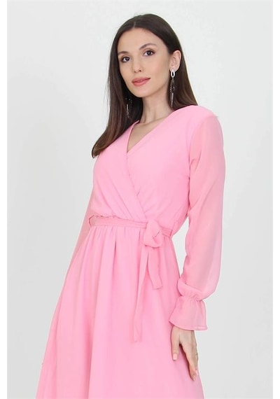 Neşeli Butik Kadın Kuşaklı Pudra Uzun Şifon Elbise Kts003 Pudra