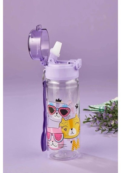 Meow Suluk 500 Ml - Çocuk Suluk, Matara, Pipetli Suluk, Askılı Suluk Kedili Suluk Miyav Suluk