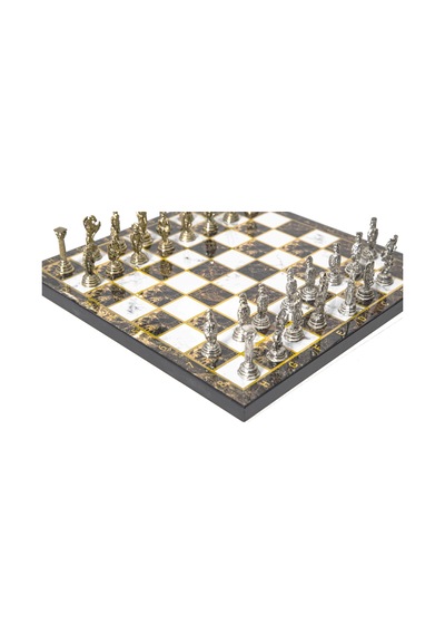 Lüks Metal Satranç Takımı Krom Kaplama Roma Ordusu Figür & Kehribar Mermer Desenli Tahta 20 Cm.