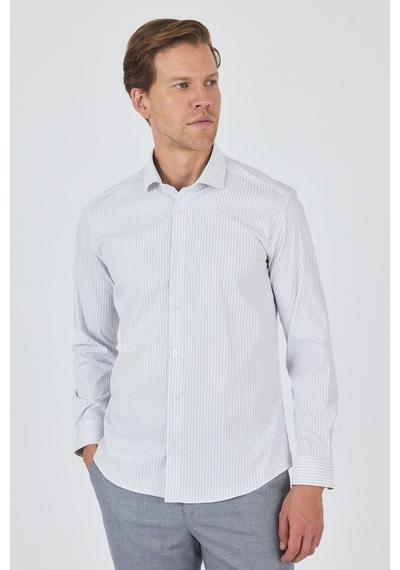 İmza Uzun Kol Çizgili Desen Bez Ayağı Sert Yaka Cepsiz Esnek Classic Slim Fit Gömlek 1004250159 Beyaz
