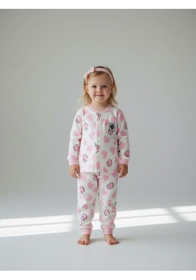 Zekids Kız Bebek Pamuklu Kalp Desenli Pijama Takımı-16850 Pembe