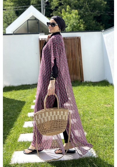 Remsa Tesettür Mayo Üzerine Desenli Tek Kaftan Pareo 430-306 Fuşya Fuşya