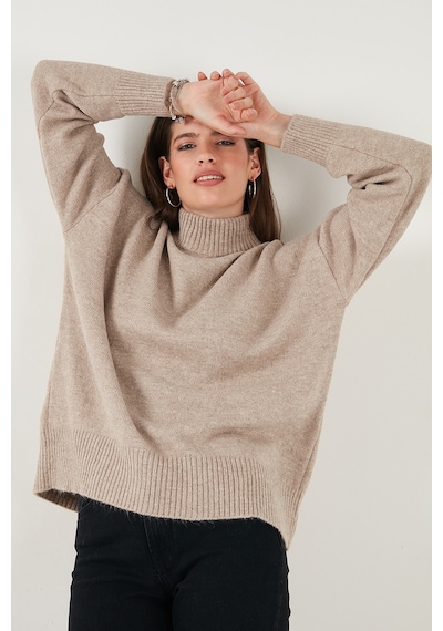 Lela Premium Oversize Fit Balıkçı Yaka Yumuşak Dokulu Triko Bayan Kazak 680Kz00469 Vizon