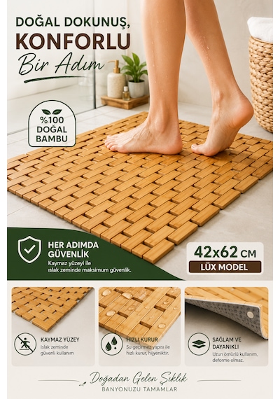 Lüx Model Bambu Kaydırmaz Banyo Paspası 42x62 Cm Suya Dayanıklı Doğal Bambu Zemin Matı Ahşap