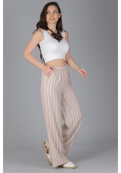 Sweetness Kadın Bej Çizgili Bol Paça Beli Lastikli Pantolon Bej