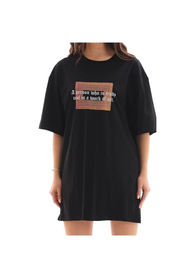 Kadın Baskılı T-shirt Kısa Kol Bisiklet Yaka Oversize Rahat Kalıp Tişört - Siyah