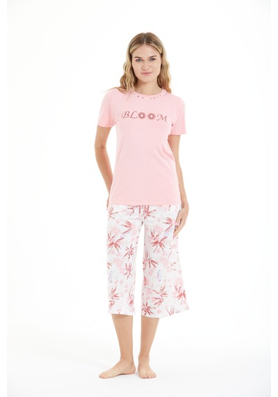 Lılac Kadın Çiçek Desenli %100 Viscon Capri Pijama Takımı Beyaz - Pembe