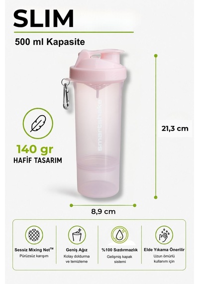 Smartshake Slim Serisi 500 Ml Pamuk Pembe Protein Shaker